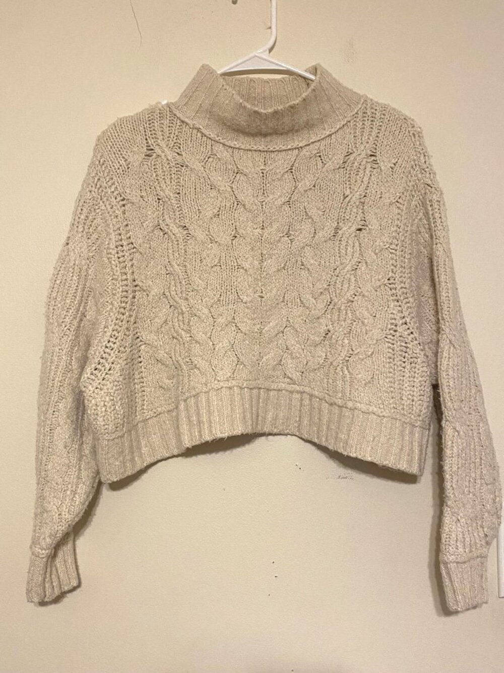 Free People Cream Cable Knit Cropped Turtleneck Sweater